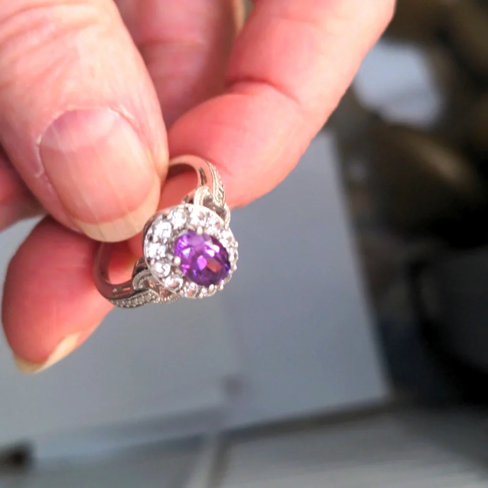 New sterling silver Amethyst ring   Size 6 1/2. Purple.  Zircon halo.  Gift box